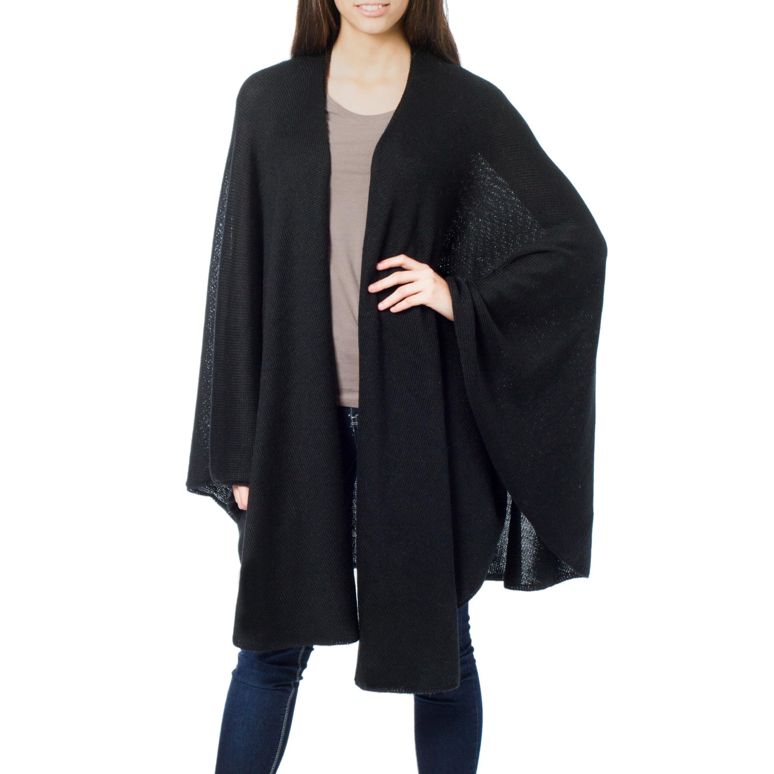 1575 Artisan Handmade Alpaca Blend Wrap Wool Solid Black Ruana Acrylic